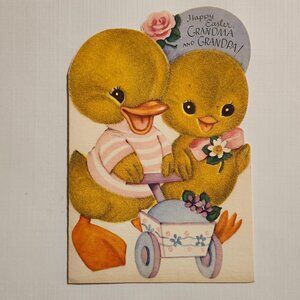 VINTAGE RUST CRAFT Greeting Card HAPPY EASTER Chicks Pushing a Wagon